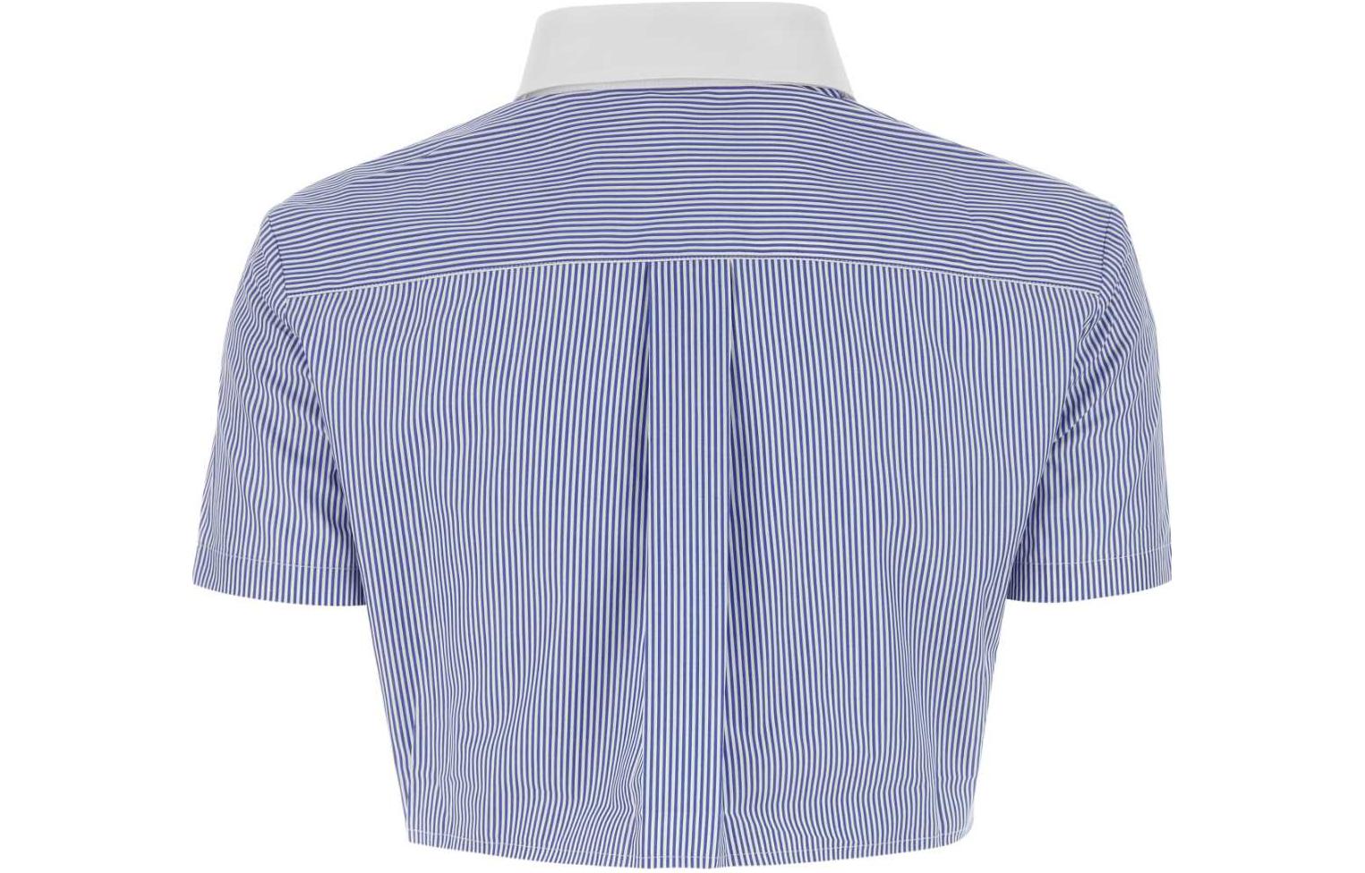 Lookbook (W) MIU MIU SS24 Baju Berjalur Logo Sulaman Lengan Pendek Biru MK1832-139C-F0X75-S-OOO