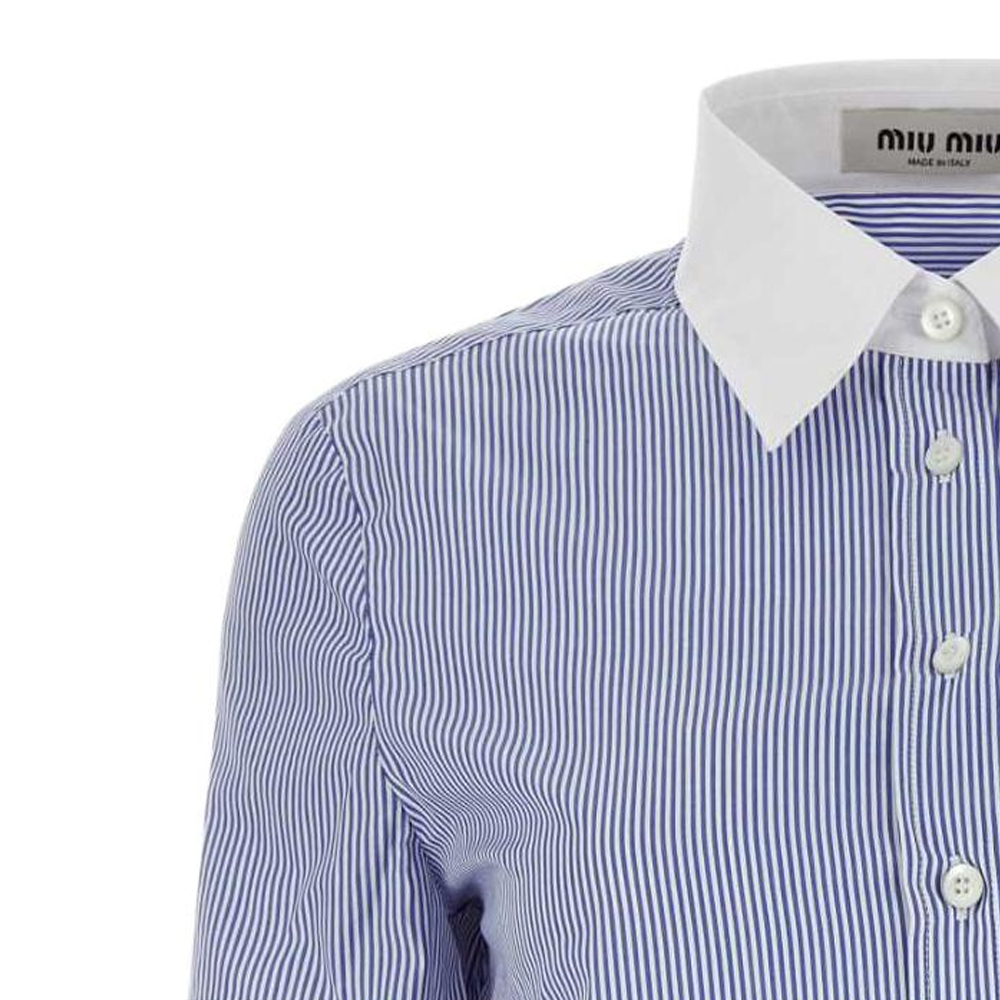 Shop (W) MIU MIU SS24 Baju Berjalur Logo Sulaman Lengan Pendek Biru MK1832-139C-F0X75-S-OOO