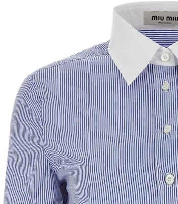 (W) MIU MIU SS24 Baju Berjalur Logo Sulaman Lengan Pendek Biru MK1832-139C-F0X75-S-OOO Shop (W) MIU MIU SS24 Baju Berjalur Logo Sulaman Lengan Pendek Biru MK1832-139C-F0X75-S-OOO