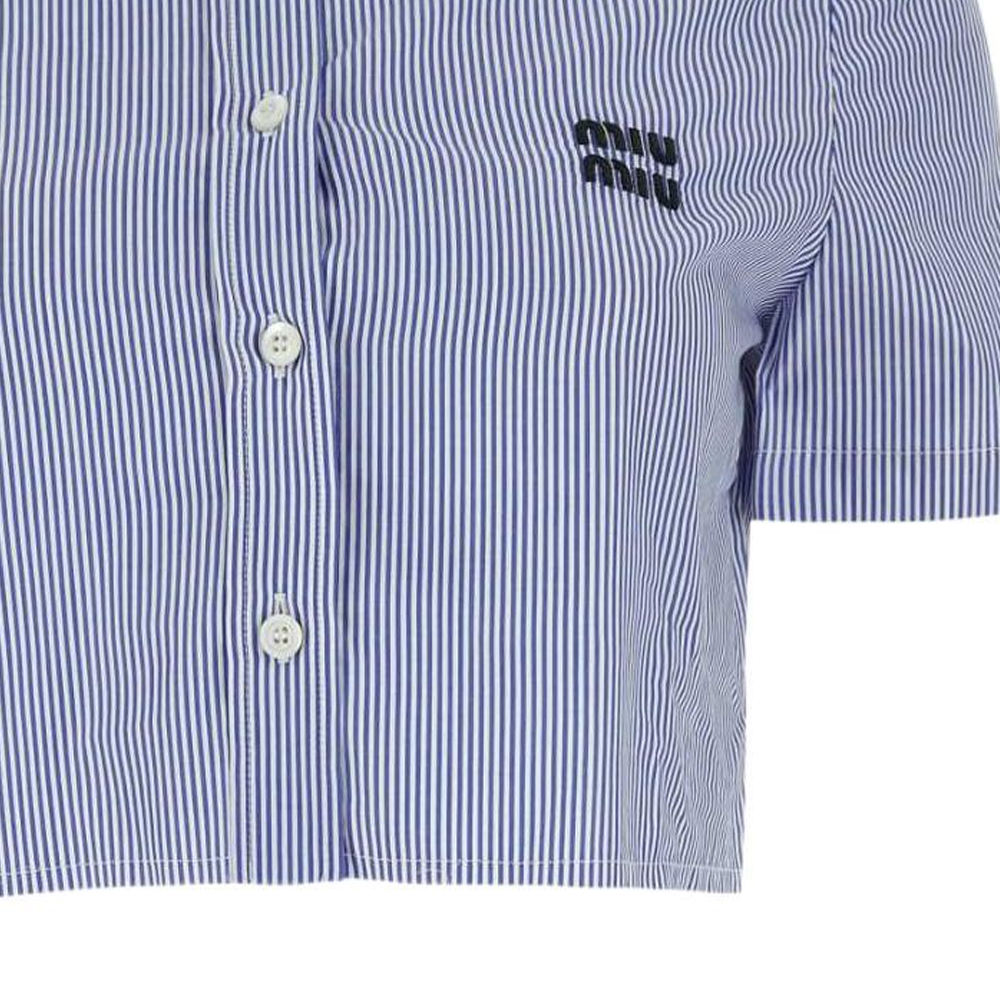 Details for (W) MIU MIU SS24 Baju Berjalur Logo Sulaman Lengan Pendek Biru MK1832-139C-F0X75-S-OOO