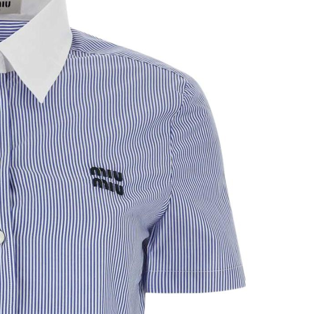 Sizing (W) MIU MIU SS24 Baju Berjalur Logo Sulaman Lengan Pendek Biru MK1832-139C-F0X75-S-OOO