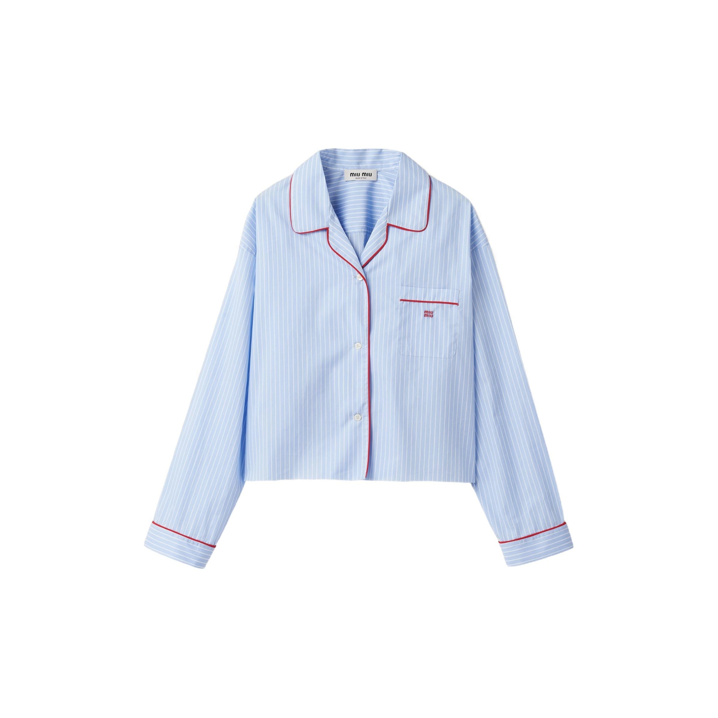 (Women) MIU MIU SS24  Striped Printed Long Sleeve Shirt in Light Blue. MK1819-137Q-F0X24-S-OOO