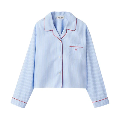 (Women) MIU MIU SS24 Striped Printed Long Sleeve Shirt in Light Blue. MK1819-137Q-F0X24-S-OOO