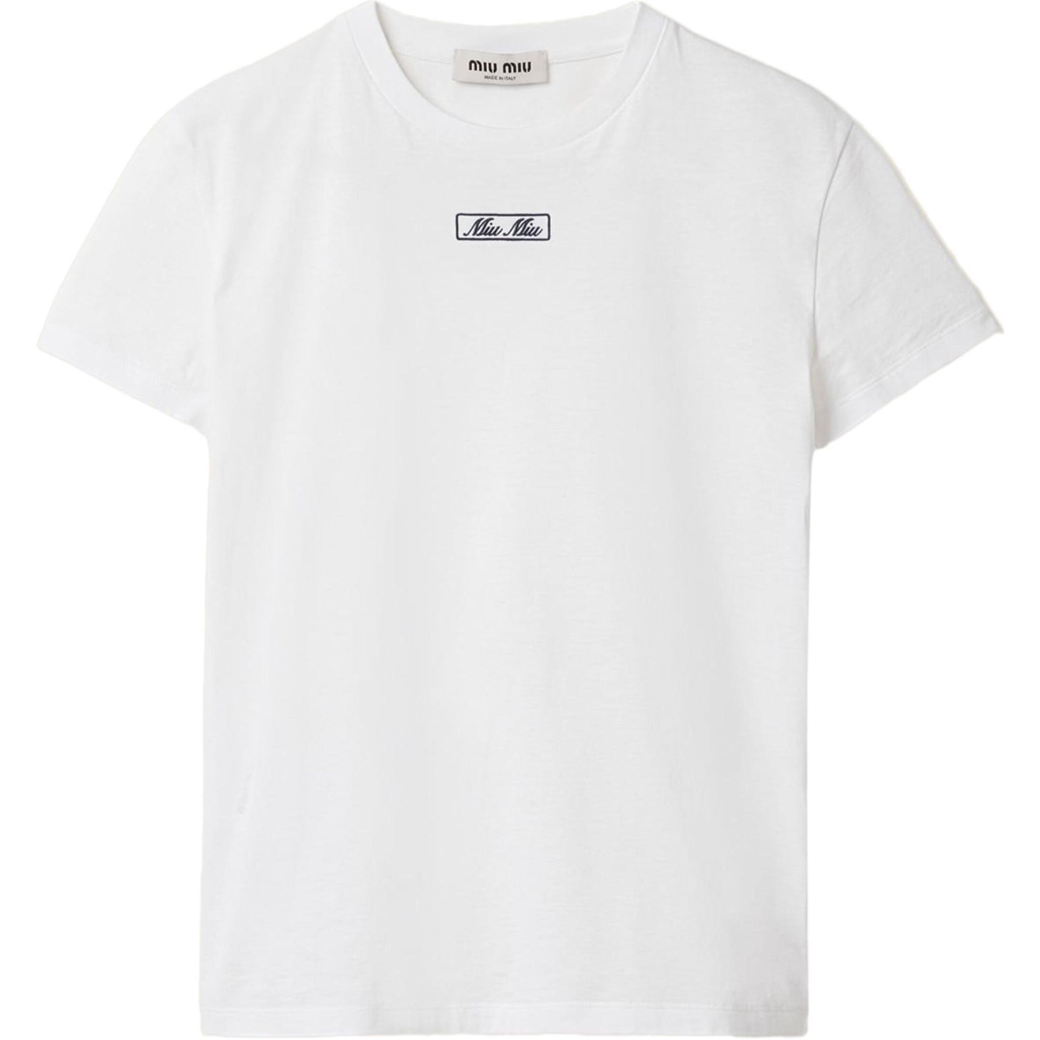 (Women) MIU MIU SS24  White Cropped Embroidered Logo T-Shirt MJN483-14ER-F0009-S-WMO