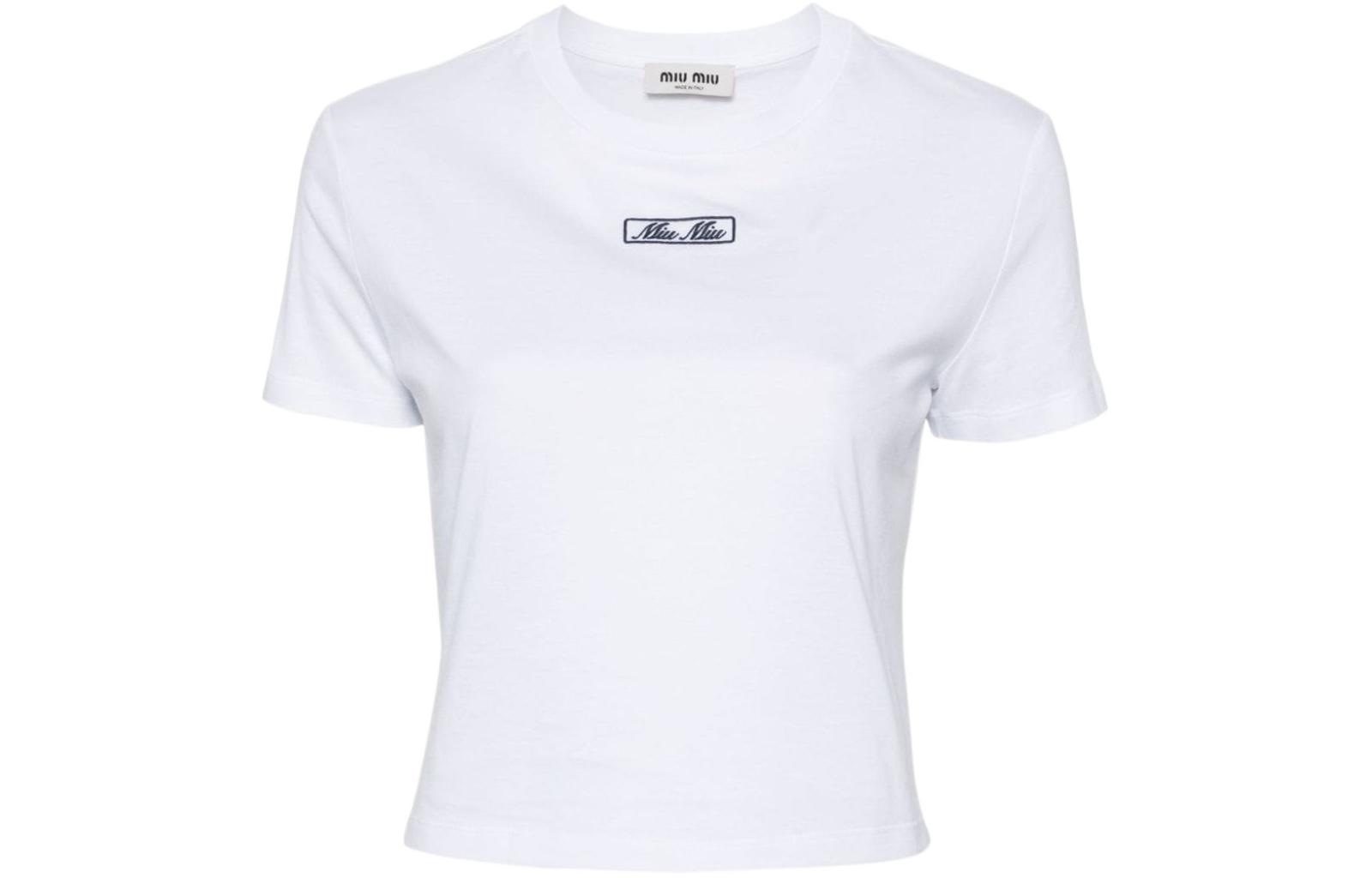 Order (W) MIU MIU SS24 Baju-T Pendek Putih Bersulam Logo MJN483-14ER-F0009-S-WMO