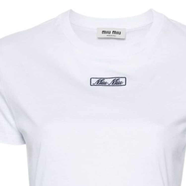 Lookbook (W) MIU MIU SS24 Baju-T Pendek Putih Bersulam Logo MJN483-14ER-F0009-S-WMO