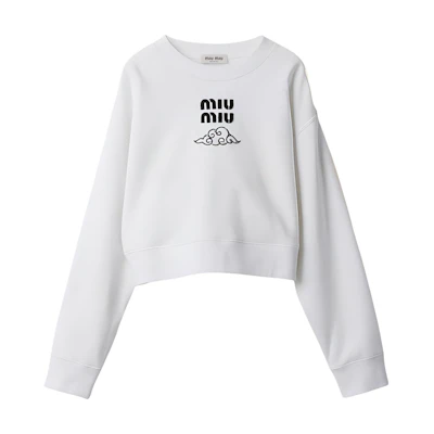 (Women) MIU MIU SS24 White Logo Print Cropped Crewneck Long Sleeve Sweatshirt MJL002-14RK-F0009-S-OOO