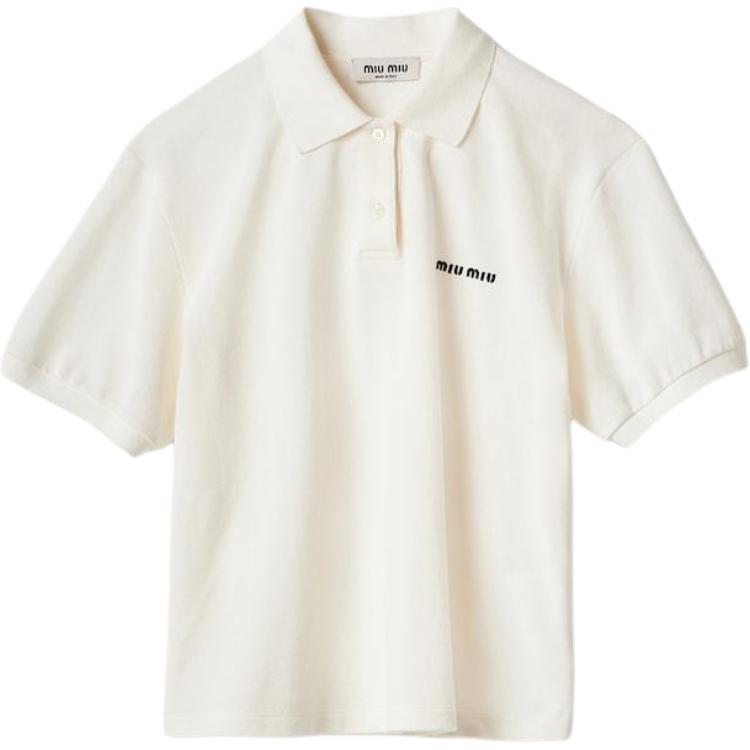 (Women) MIU MIU SS24  White Short Sleeve Polo Shirt with Embroidered Logo. MJN535-14RW-F0009-S-OOO