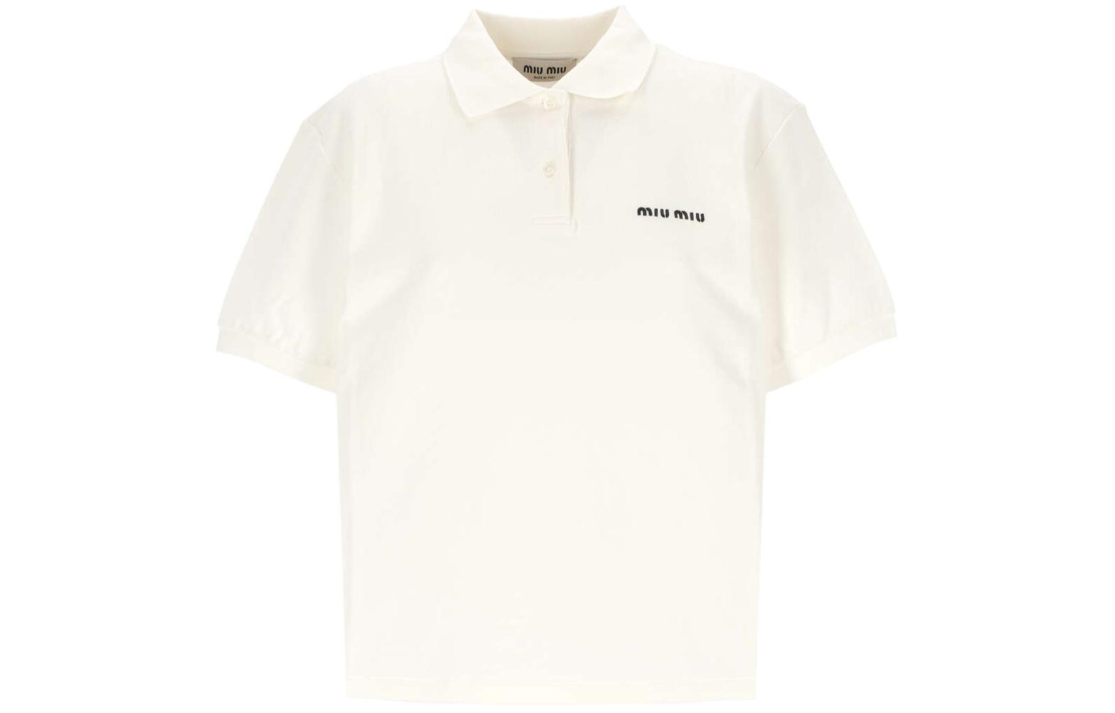 Order (W) MIU MIU SS24 Baju Polo Lengan Pendek Putih dengan Logo Sulaman. MJN535-14RW-F0009-S-OOO