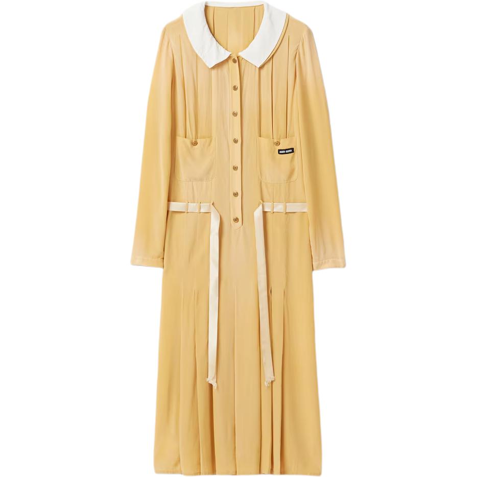 (Women) MIU MIU SS24  Yellow Colorblock Long Sleeve Midi Dress with Tie Waist MF5318-14Z5-F0388-S-OOO
