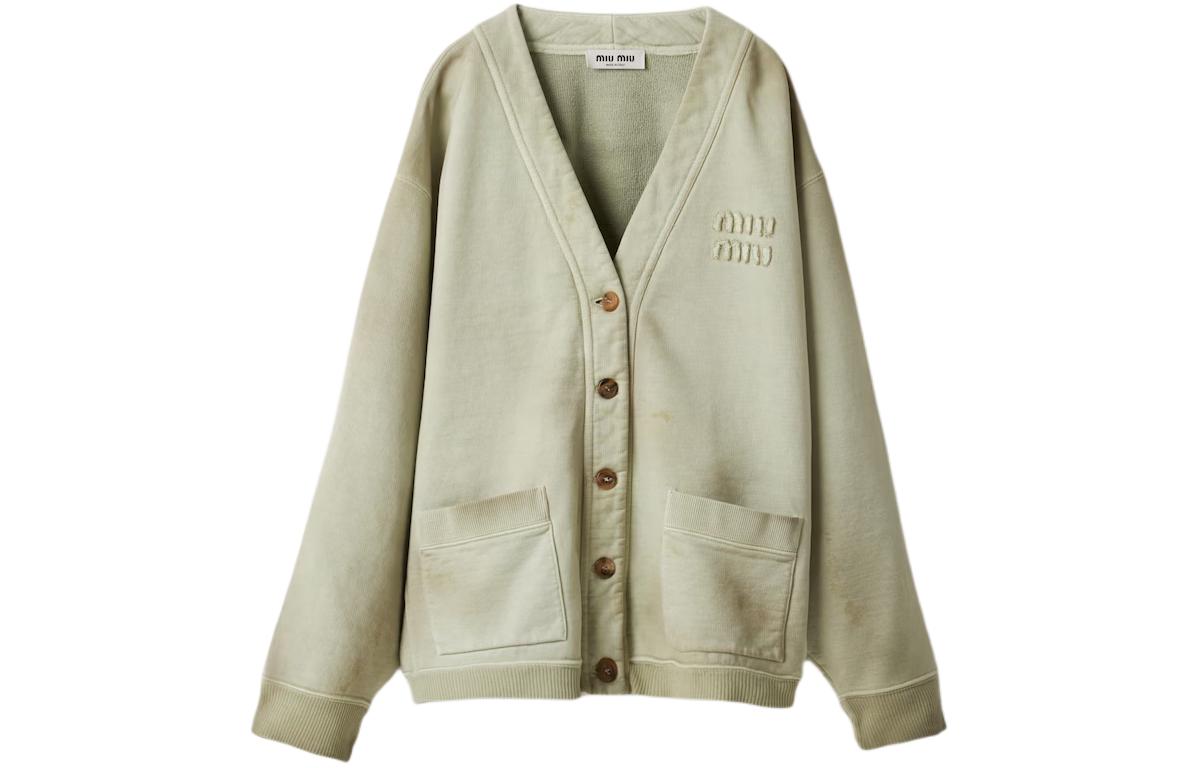(Women) MIU MIU SS24 Agave Green Knit Cardigan with Logo for Women. MJL010-14RU-F0E1D-S-OOO