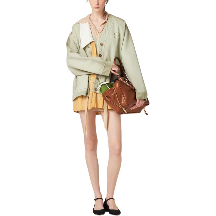 Lookbook (Women) MIU MIU SS24 Agave Green Knit Cardigan with Logo for Women. MJL010-14RU-F0E1D-S-OOO