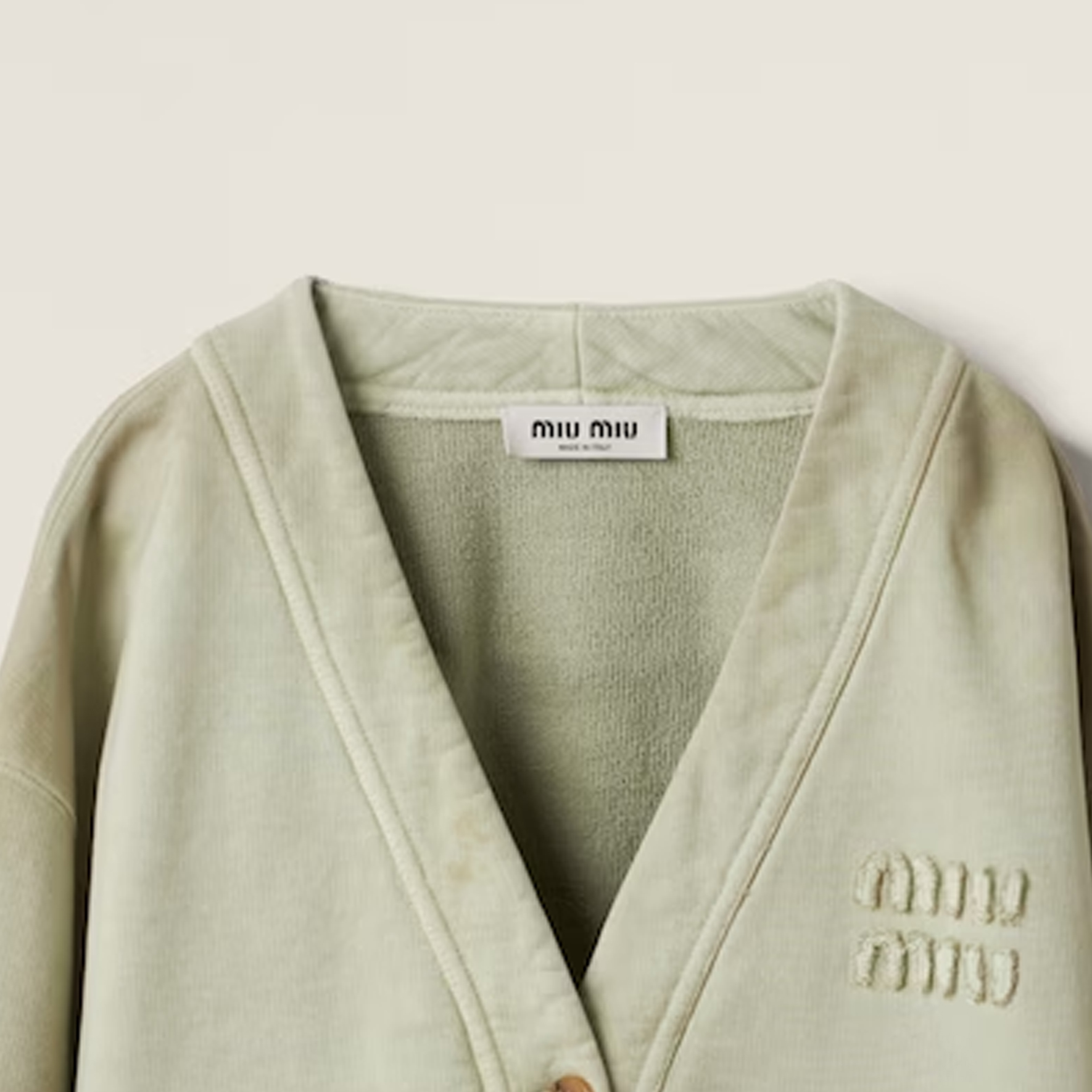 Sizing (Women) MIU MIU SS24 Agave Green Knit Cardigan with Logo for Women. MJL010-14RU-F0E1D-S-OOO