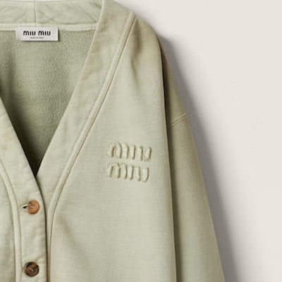 (Women) MIU MIU SS24 Agave Green Knit Cardigan with Logo for Women. MJL010-14RU-F0E1D-S-OOO Cheap (Women) MIU MIU SS24 Agave Green Knit Cardigan with Logo for Women. MJL010-14RU-F0E1D-S-OOO