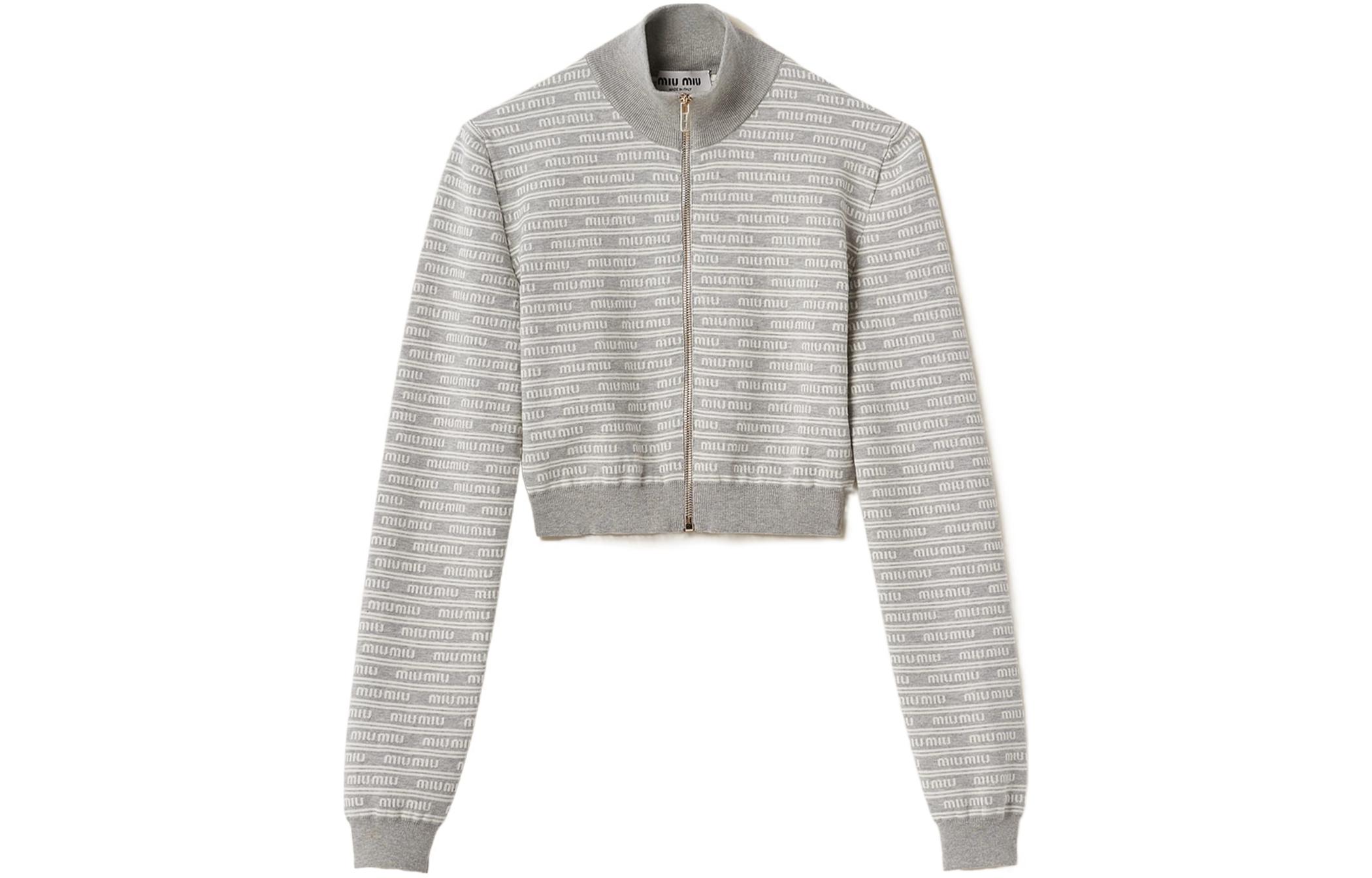 (Women) MIU MIU SS24 All-Over Logo Zip-Up Short Jacket for Women - Gray. MMF869-14M5-F0OA3-S-OOO
