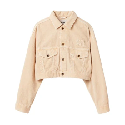 (Women) MIU MIU SS24 Beige Cropped Long Sleeve Letter Button-Up Jacket ML1027-131J-F0627-S-OOO