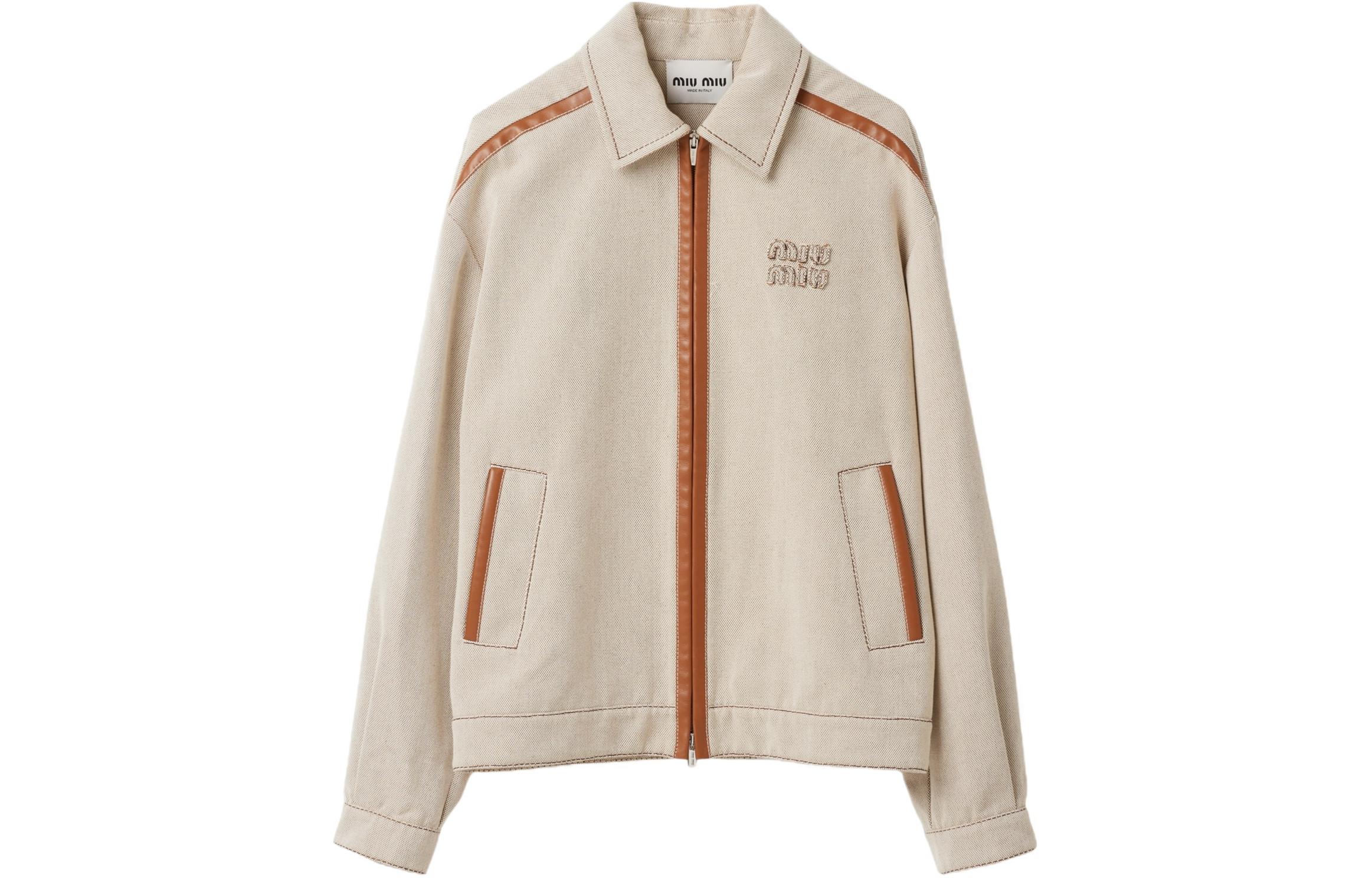 (Women) MIU MIU SS24 Beige Long Sleeve Jacket with Colorblock Letter Embroidery ML1042-14Z3-F0A5T-S-OOO