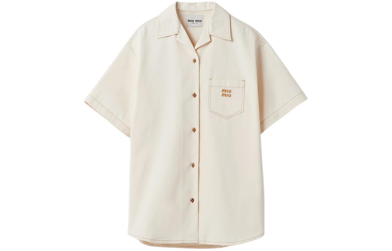 (Women) MIU MIU SS24 Beige Short-Sleeve Logo Embroidered Button-Up Dress . GWA211-13WH-F0018-S-OOO