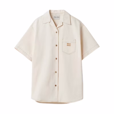 (Women) MIU MIU SS24 Beige Short-Sleeve Logo Embroidered Button-Up Dress . GWA211-13WH-F0018-S-OOO
