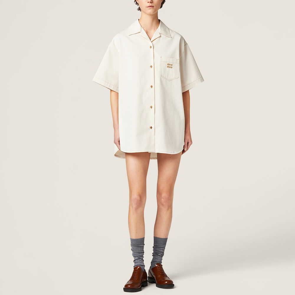 Lookbook (W) MIU MIU SS24 米色短袖刺绣Logo纽扣连衣裙 GWA211-13WH-F0018-S-OOO