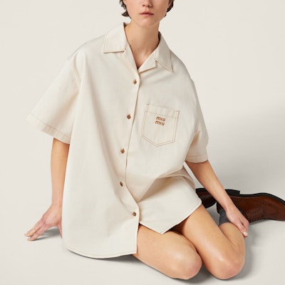 (W) MIU MIU SS24 米色短袖刺绣Logo纽扣连衣裙 GWA211-13WH-F0018-S-OOO Details for (W) MIU MIU SS24 米色短袖刺绣Logo纽扣连衣裙 GWA211-13WH-F0018-S-OOO