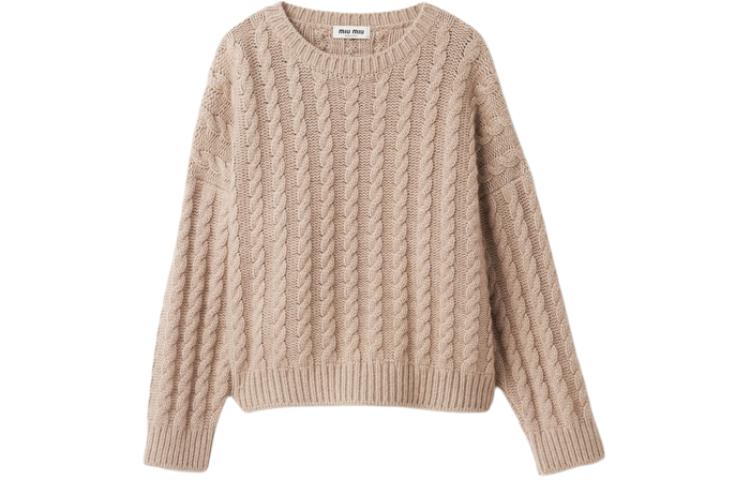 (Women) MIU MIU SS24 Cable Knit Cashmere Crewneck Sweater Sand Yellow . MML871-14AP-F0036-S-OOO