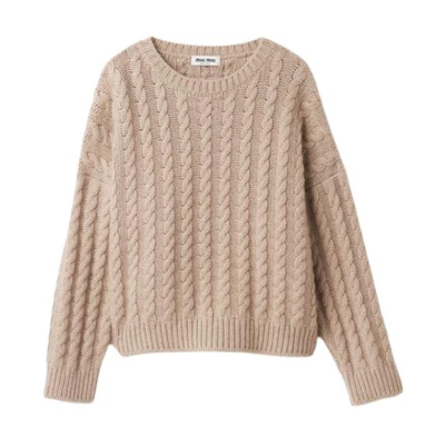 (Women) MIU MIU SS24 Cable Knit Cashmere Crewneck Sweater Sand Yellow . MML871-14AP-F0036-S-OOO