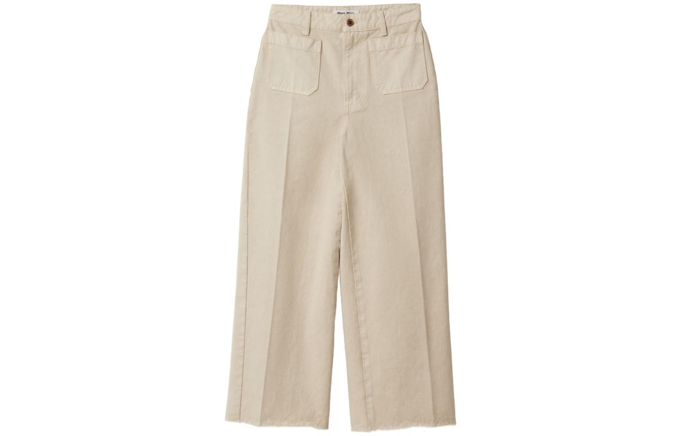 (Women) MIU MIU SS24 Chalk White Mid-Rise Button Casual Pants with Logo Embroidery . MP1651-1350-F0K74-S-231