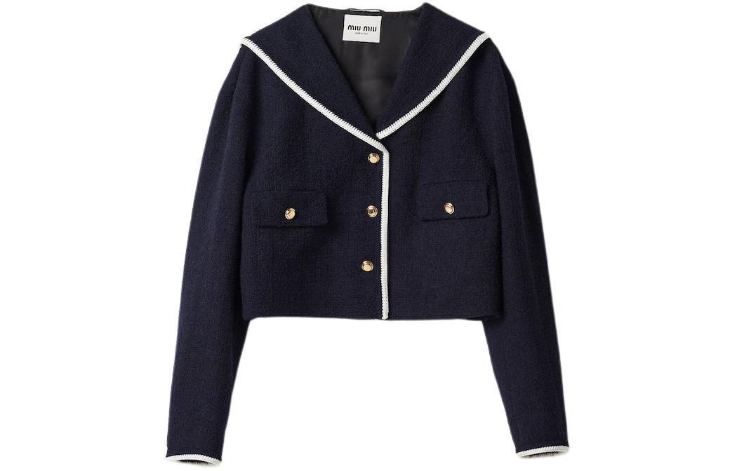 Order (W) MIU MIU SS24 對比刺繡logo釦子外套 女款 藍色 MH1825-13RL-F0008-S-231