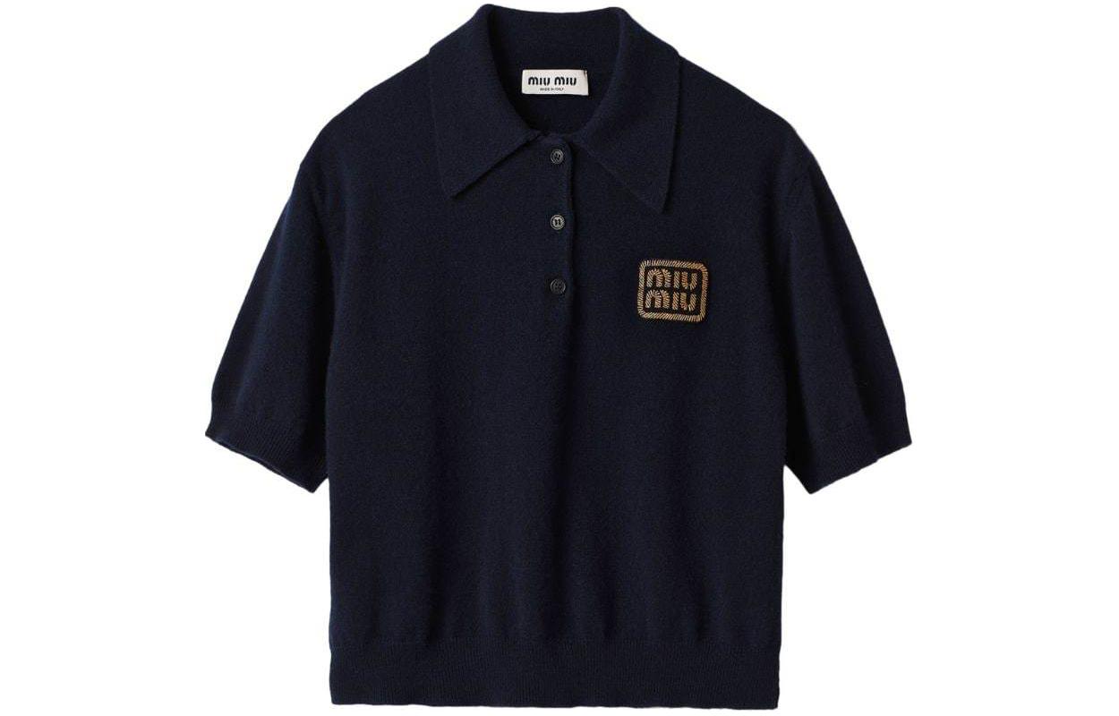 (Women) MIU MIU SS24 Contrast Logo Short-Sleeve Polo Shirt Women’s Navy Blue. MML896-14M3-F0008-S-OOO