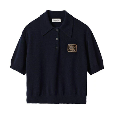 (Women) MIU MIU SS24 Contrast Logo Short-Sleeve Polo Shirt Women’s Navy Blue. MML896-14M3-F0008-S-OOO