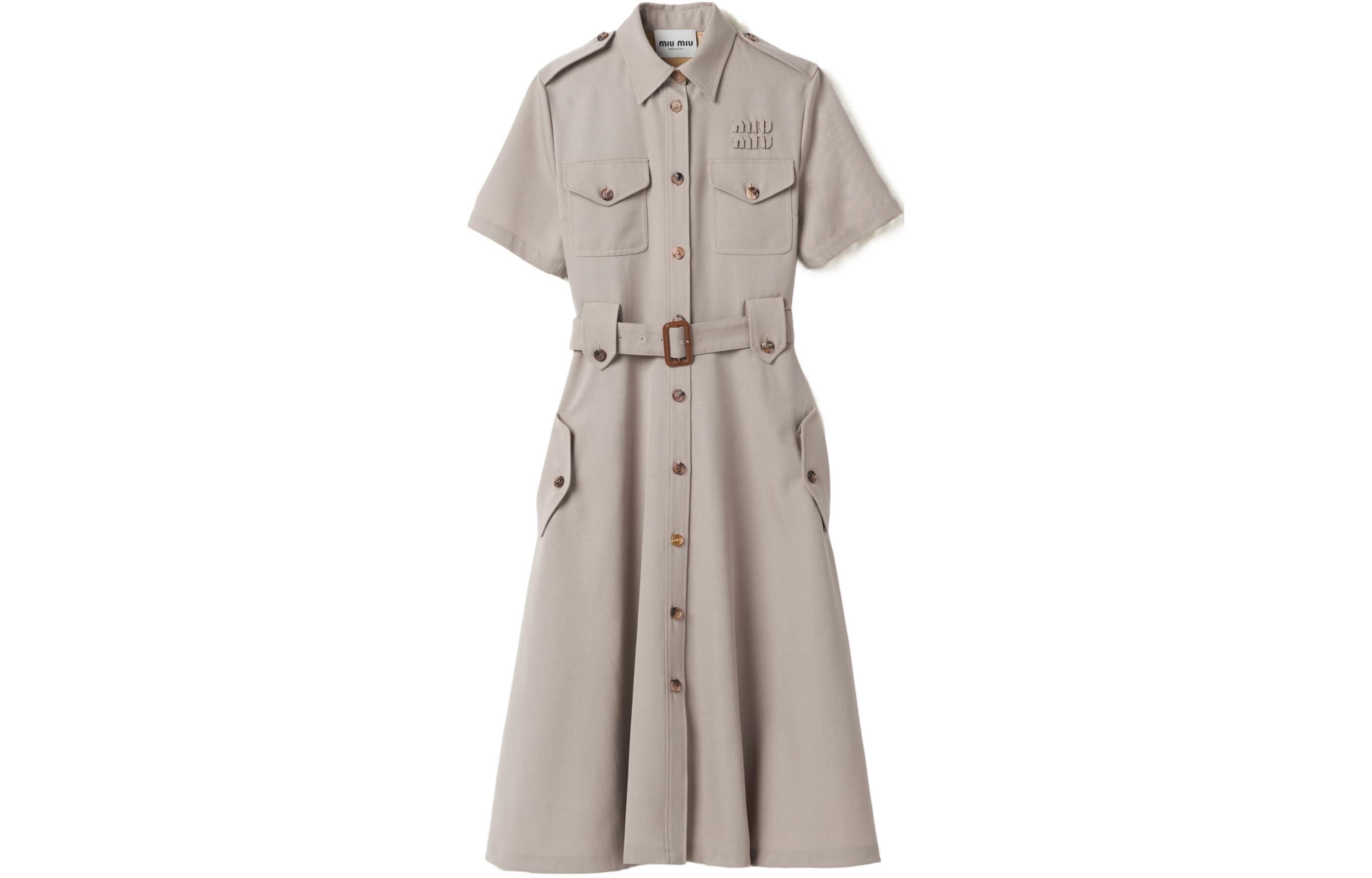 Order (W) MIU MIU SS24 灰色刺绣短袖纽扣中长连衣裙 女款 MF5233-108N-F0065-S-OOO