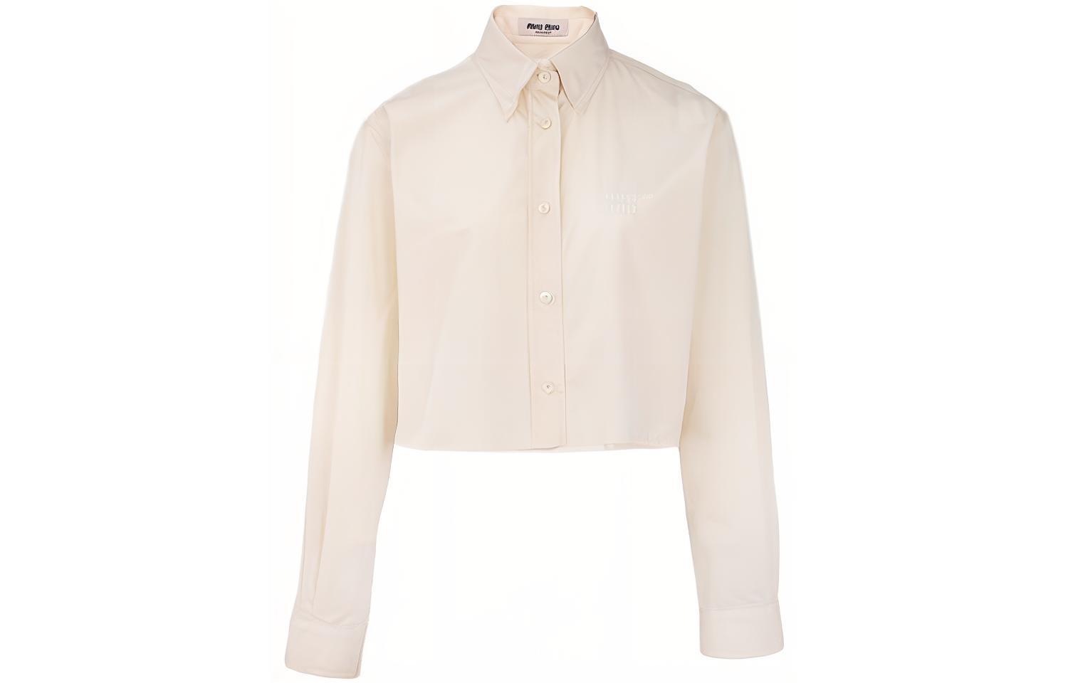(Women) MIU MIU SS24 Ivory Long Sleeve Shirt  Embroidered Logo Button-Up. MK1694-10RG-F0304-S-OOO