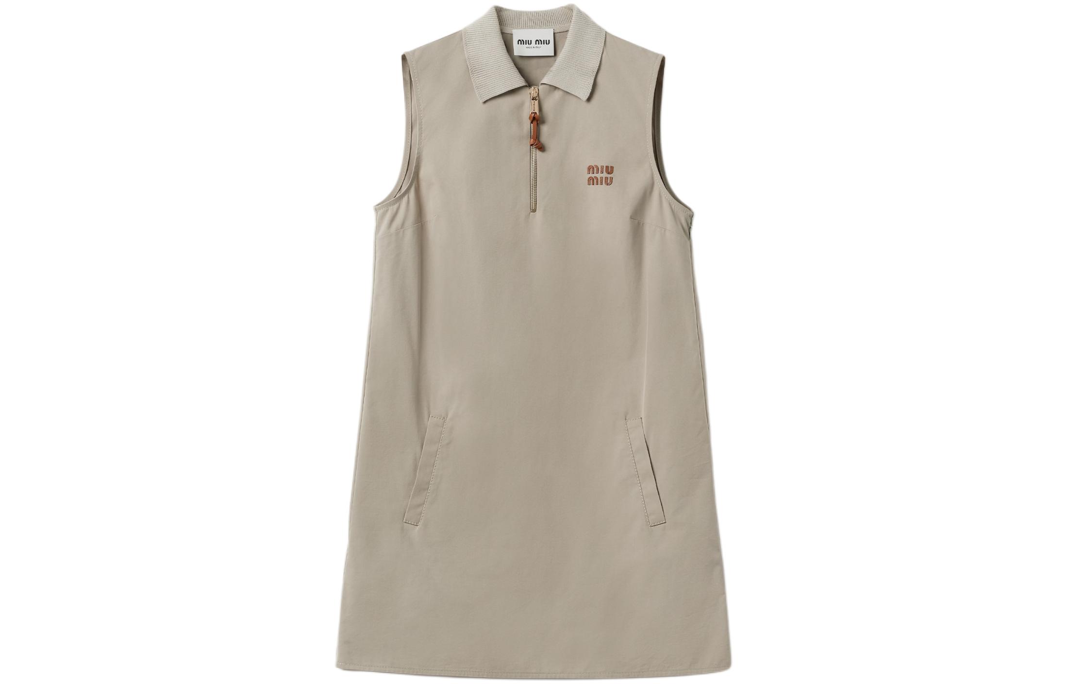 (Women) MIU MIU SS24 Logo Collar Sleeveless Midi Dress  in Taupe Gray. MF5408-12NS-F0572-S-OOO