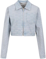 (Women) MIU MIU SS24 Logo Print Cropped Denim Jacket for Women in Light Blue. GWB198-14HT-F0013-S-OOO (Women) MIU MIU SS24 Logo Print Cropped Denim Jacket for Women in Light Blue. GWB198-14HT-F0013-S-OOO