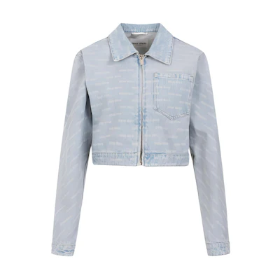 (Women) MIU MIU SS24 Logo Print Cropped Denim Jacket for Women in Light Blue. GWB198-14HT-F0013-S-OOO