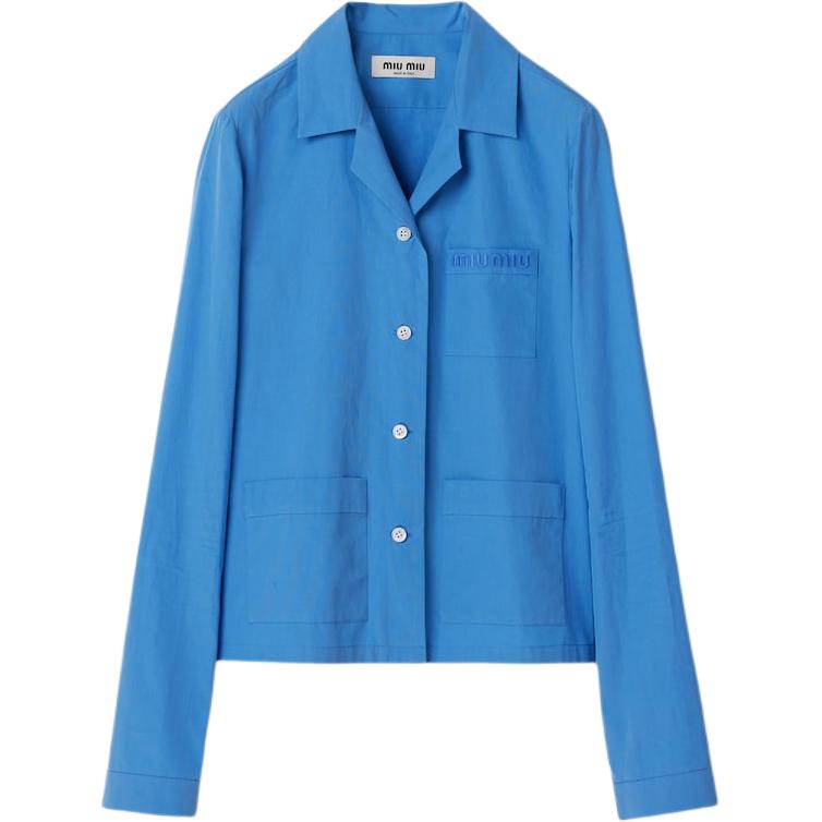 Order (W) Camisa Azul de Mujer MIU MIU SS24 con Logo, Cuello Cubano y Manga Larga Holgada. MK1884-15UL-F0013-S-OOO