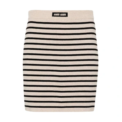 (Women) MIU MIU SS24 Logo Striped Knit Mid-Rise Mini Skirt Beige Skirt. MMG499-12ZG-F0F6H-S-OOO