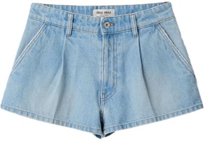 (Women) MIU MIU SS24 Low-Waist Pleated Denim Shorts with Logo for Women - Blue. GWP477-131K-F0013-S-232 (Women) MIU MIU SS24 Low-Waist Pleated Denim Shorts with Logo for Women - Blue. GWP477-131K-F0013-S-232