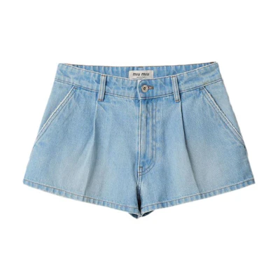 (Women) MIU MIU SS24 Low-Waist Pleated Denim Shorts with Logo for Women - Blue. GWP477-131K-F0013-S-232