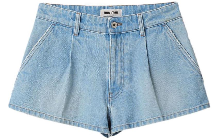 Order (W) Shorts Vaqueros MIU MIU SS24 Tiro Bajo Plisados con Logo Mujer - Azul. GWP477-131K-F0013-S-232