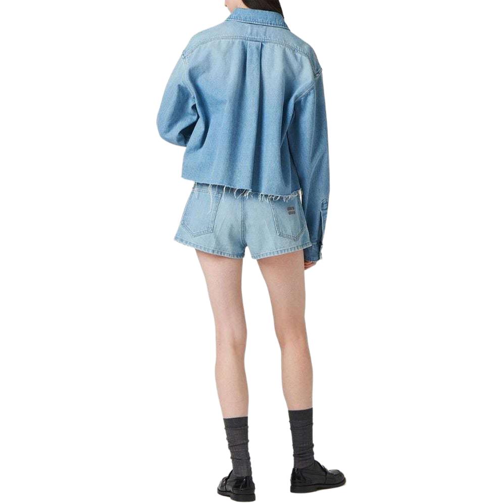 Shop (W) Shorts Vaqueros MIU MIU SS24 Tiro Bajo Plisados con Logo Mujer - Azul. GWP477-131K-F0013-S-232