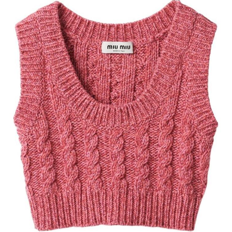 (Women) MIU MIU SS24 Pink Knit Sleeveless Top with Ribbed Logo Design for Women. MMV141-1330-F0028-S-OOO