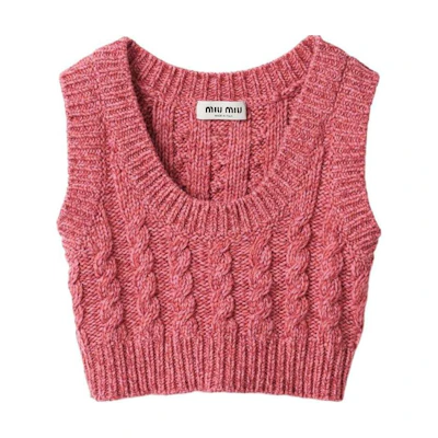 (Women) MIU MIU SS24 Pink Knit Sleeveless Top with Ribbed Logo Design for Women. MMV141-1330-F0028-S-OOO
