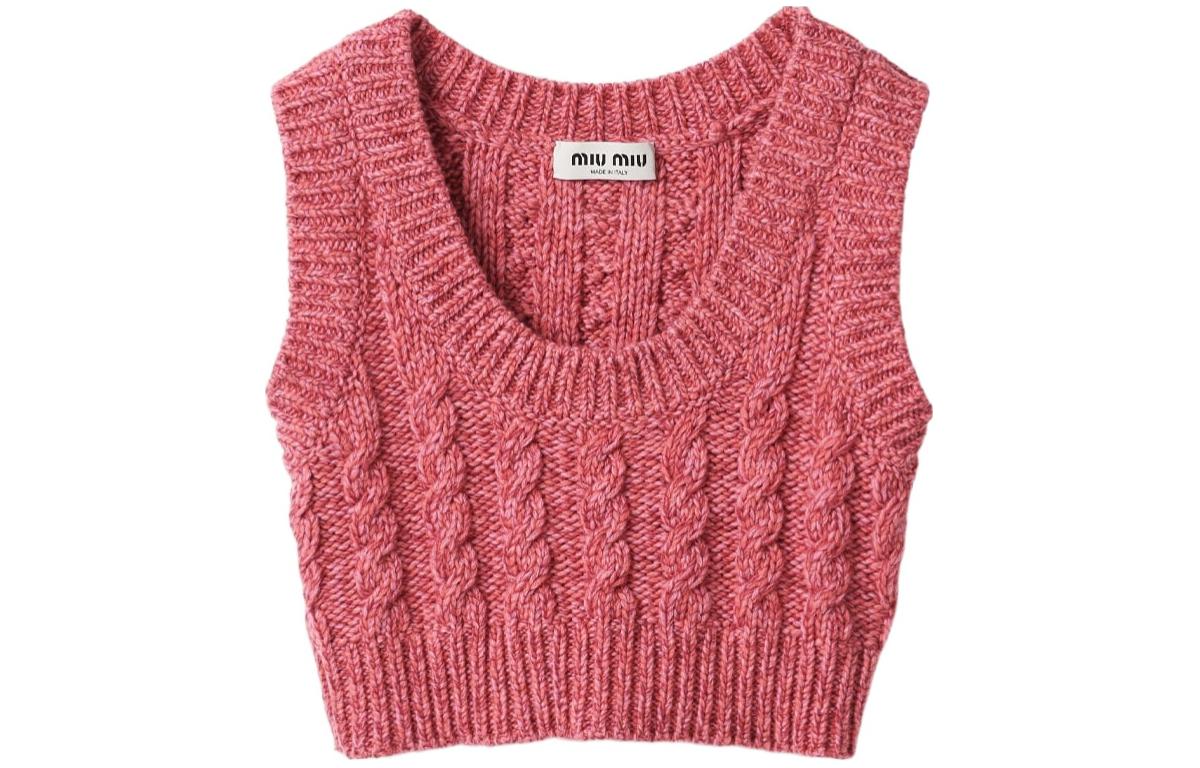 Order (W) MIU MIU SS24 女士粉色针织无袖上衣带罗纹标志设计。 MMV141-1330-F0028-S-OOO