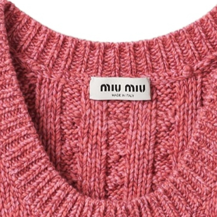 Sizing (W) MIU MIU SS24 女士粉色针织无袖上衣带罗纹标志设计。 MMV141-1330-F0028-S-OOO