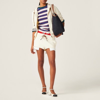 (W) MIU MIU SS24 Chaqueta Slim-Fit Logo Bordado Cremallera Neutral. MJL024-15AV-F0018-S-OOO Lookbook (W) MIU MIU SS24 Chaqueta Slim-Fit Logo Bordado Cremallera Neutral. MJL024-15AV-F0018-S-OOO