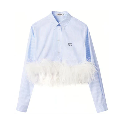 (Women) MIU MIU SS24 Striped Feather Hem Cotton Crop Long Sleeve Shirt Blue MK1812-14A7-F0X24-S-OOO