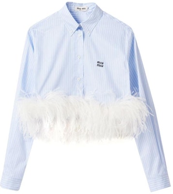 (Women) MIU MIU SS24 Striped Feather Hem Cotton Crop Long Sleeve Shirt Blue MK1812-14A7-F0X24-S-OOO Order (Women) MIU MIU SS24 Striped Feather Hem Cotton Crop Long Sleeve Shirt Blue MK1812-14A7-F0X24-S-OOO