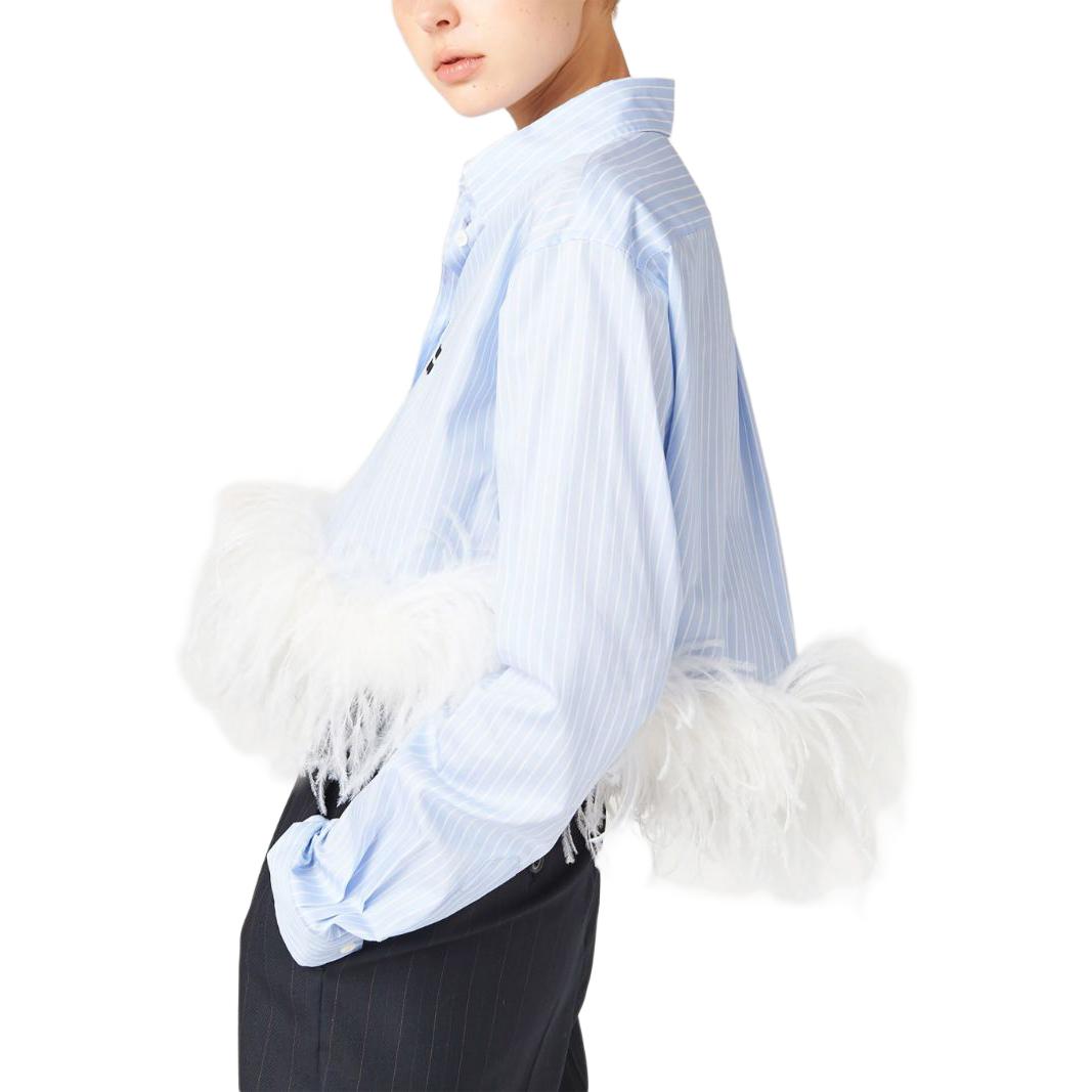Purchase (Women) MIU MIU SS24 Striped Feather Hem Cotton Crop Long Sleeve Shirt  Blue MK1812-14A7-F0X24-S-OOO